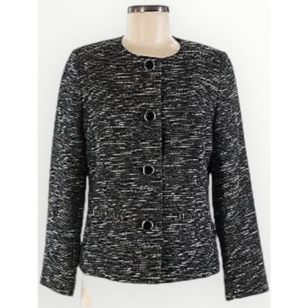JM Collection Black & White Textured Button Front Blazer Business Classic 16P